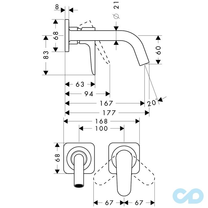 розмір змішувач для раковини axor citterio m 34113000