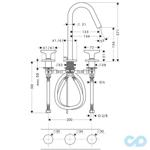 розмір змішувач для раковини axor citterio 34135000