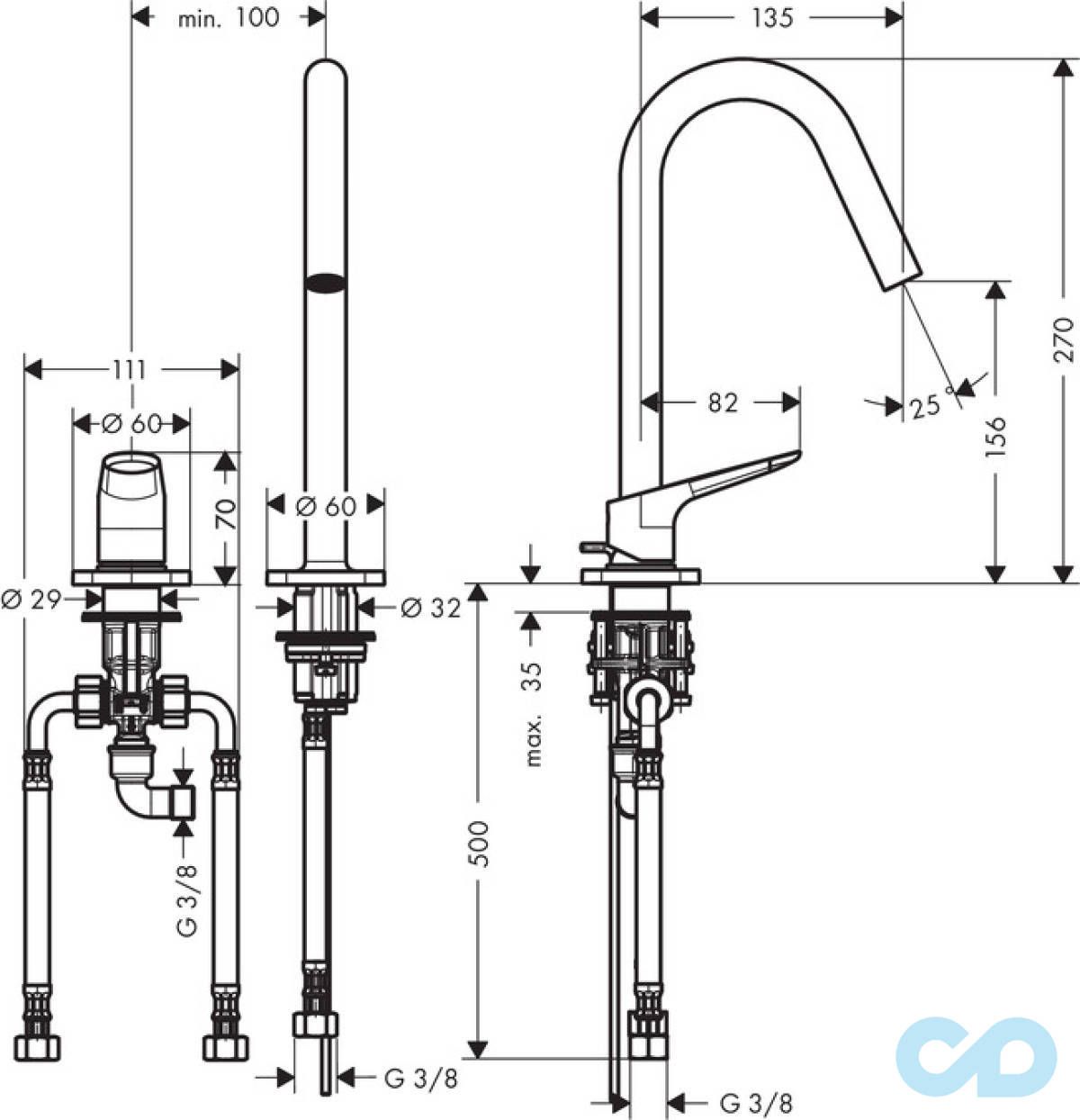 розмір змішувач для раковини axor citterio m 34132000