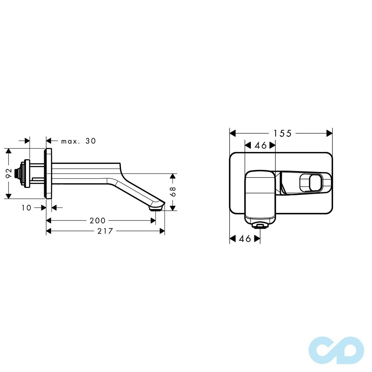 розмір змішувач для раковини axor urquiola 11026000