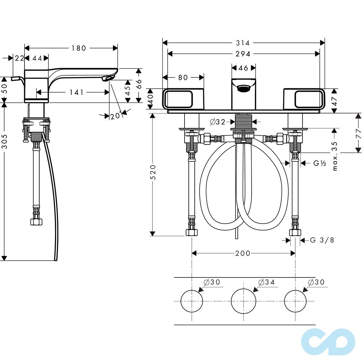 розмір змішувач для раковини axor urquiola 11040000