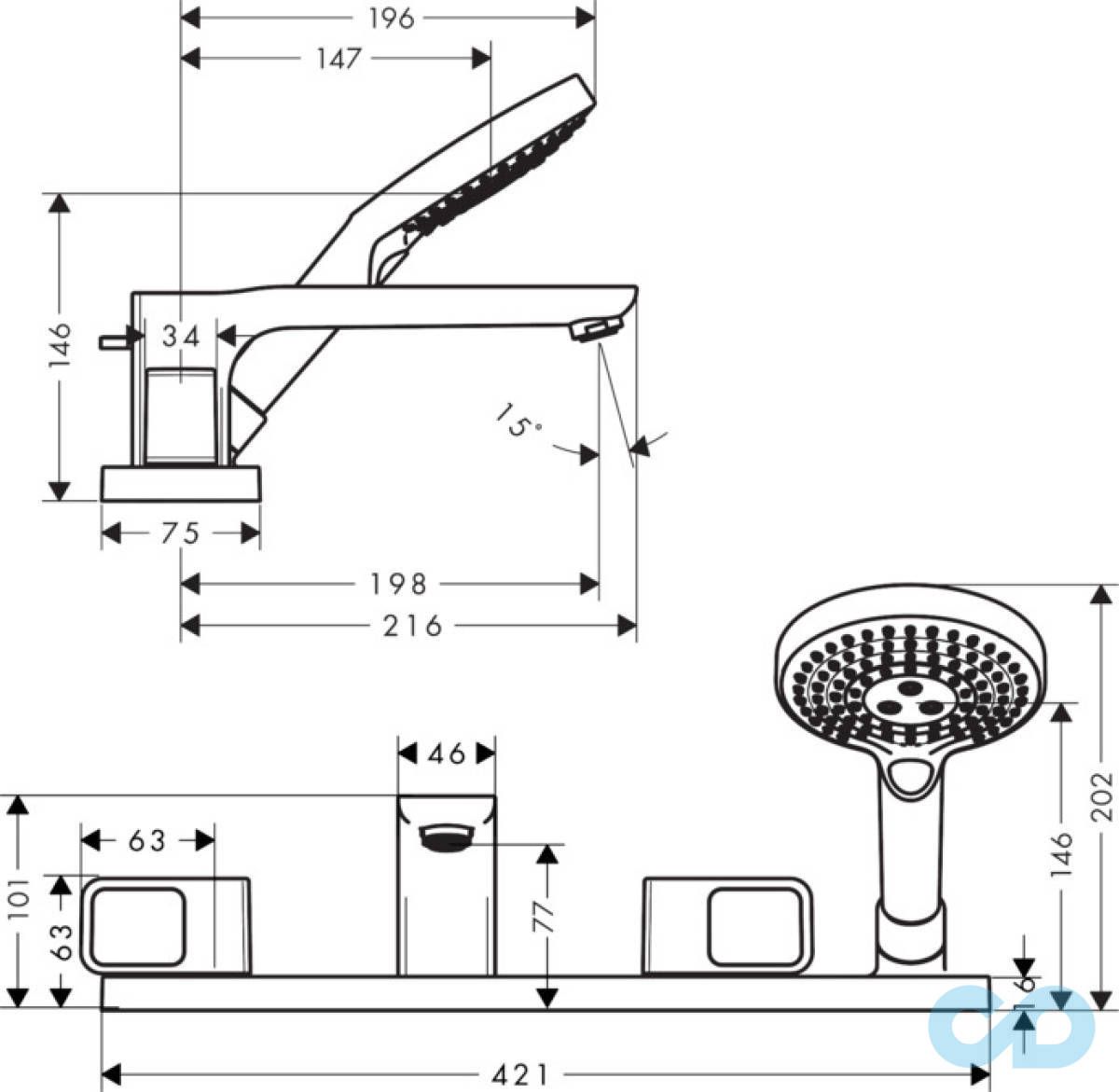 розмір змішувач для ванни axor urquiola 11445000