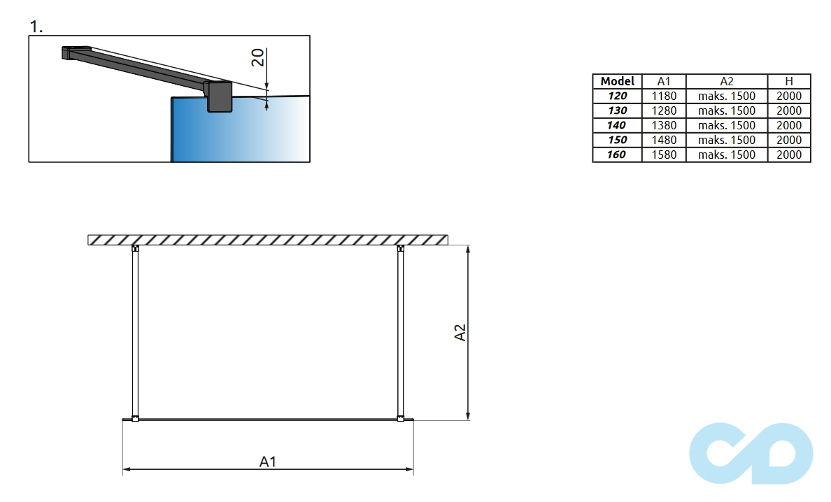 технічна схема Душова кабіна Radaway Walk-in Modo New Black I 120 чорний 388124-54-01