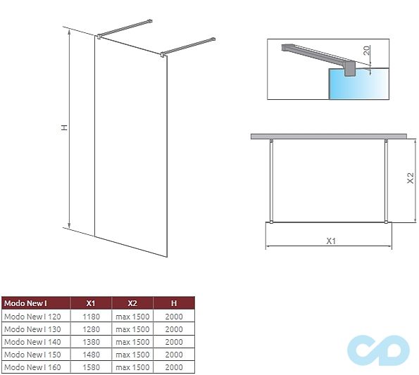 креслення Душова кабіна Radaway Walk-in Modo New Black I 140 чорний 388144-54-01