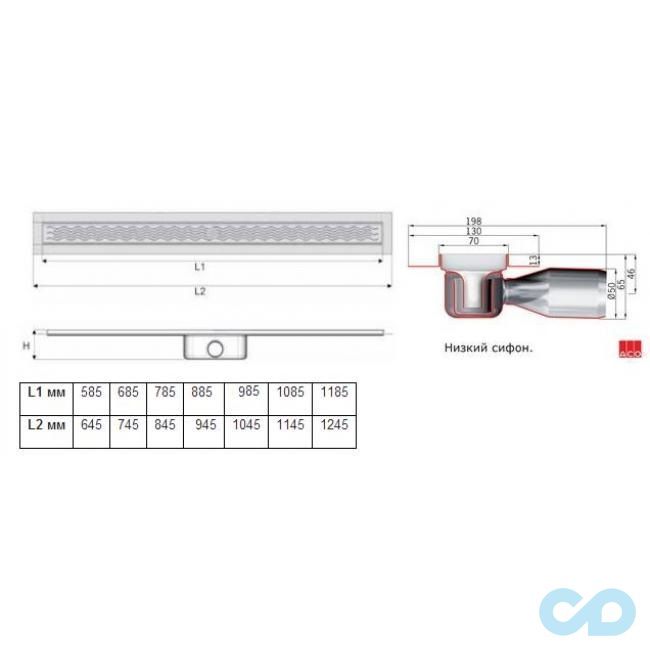 размер дренажный канал aco showerdrain c-line 685 мм 408743 без фланца, низкий сифон