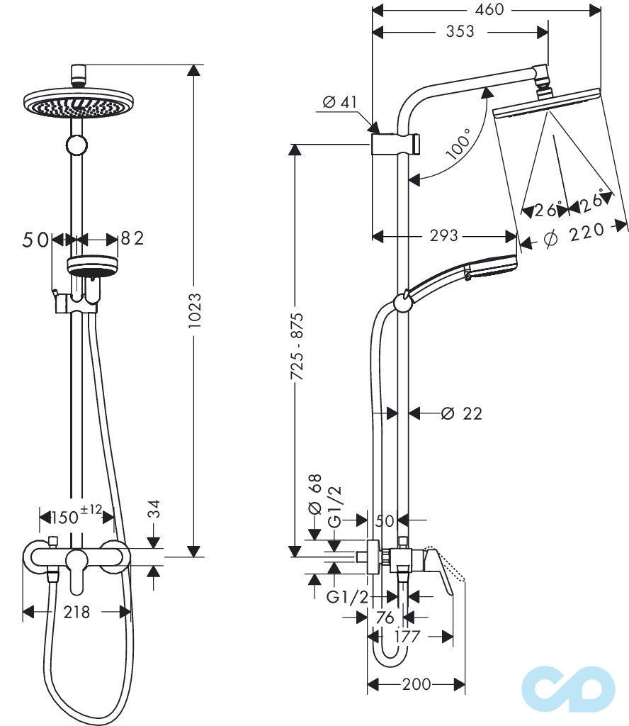 креслення Душова система Hansgrohe Verso 220 Showerpipe 27232000