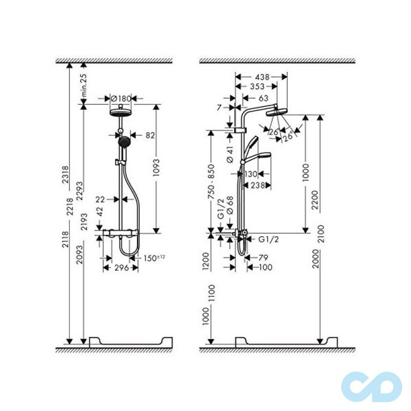 креслення Душова система Hansgrohe MyClub Showerpipe 180 EcoSmart 26738400