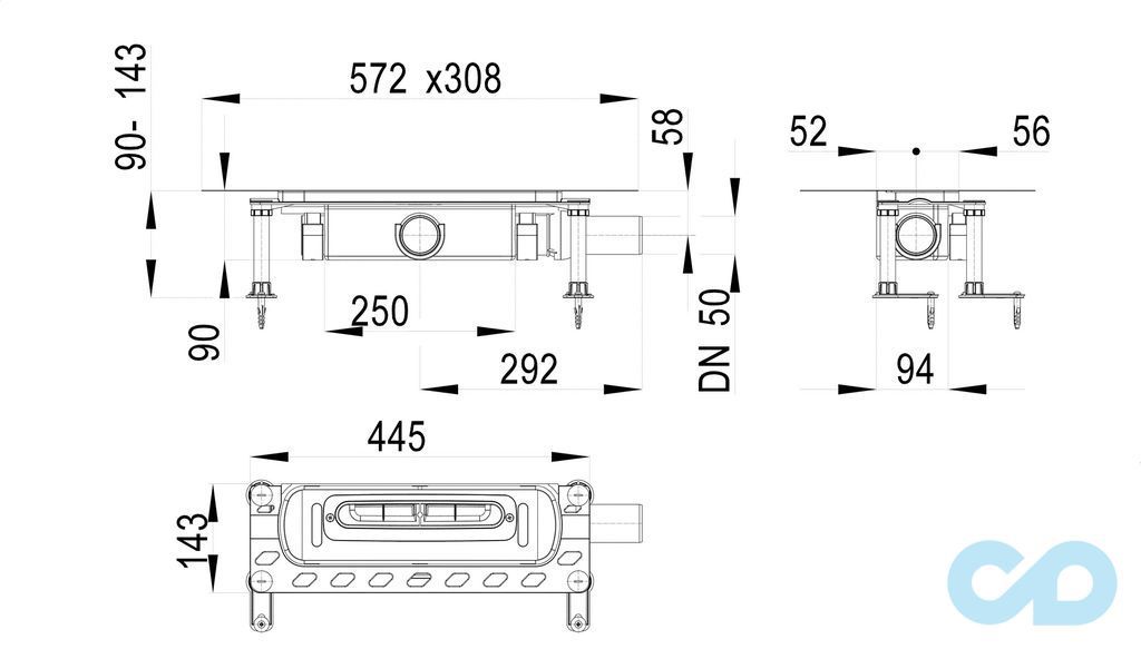 розмір душової канал hutterer & lechner infloor hl53k з монтажною висотою 90 мм
