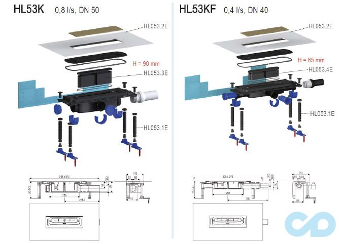розміри душової канал hutterer & lechner infloor hl53k з монтажною висотою 90 мм
