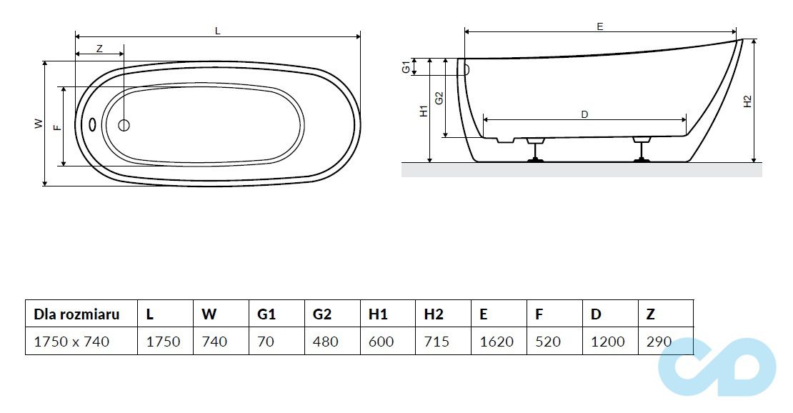 креслення Ванна окремостояща 175 × 74 Radaway Sapientza WA1-42-175 × 078U-BC