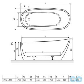 ванна отдельностоящая 175×78 radaway nikia wa1-41-175×078u-b размеры
