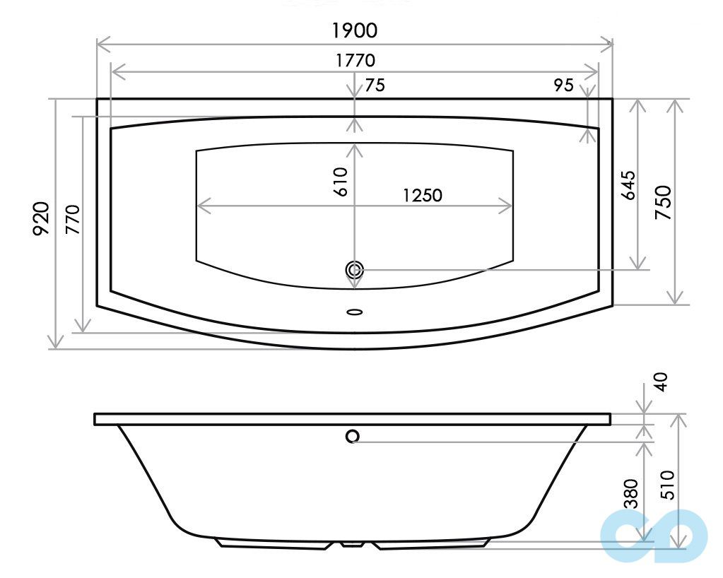 креслення Ванна акрилова 190х92 Radaway Tilia WA1-03-190x090U