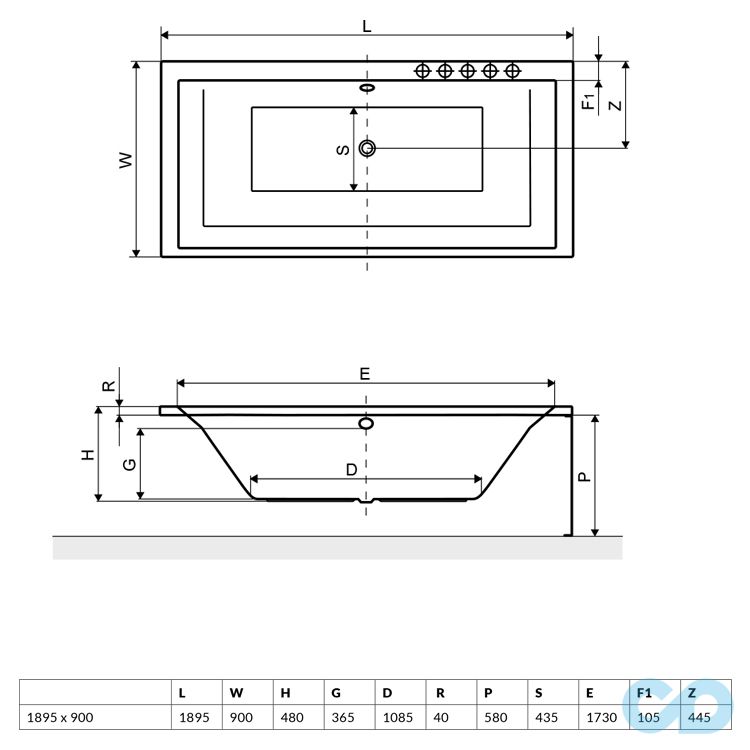 креслення Ванна акрилова 190х90 Radaway Itea WA1-28-190 × 090U