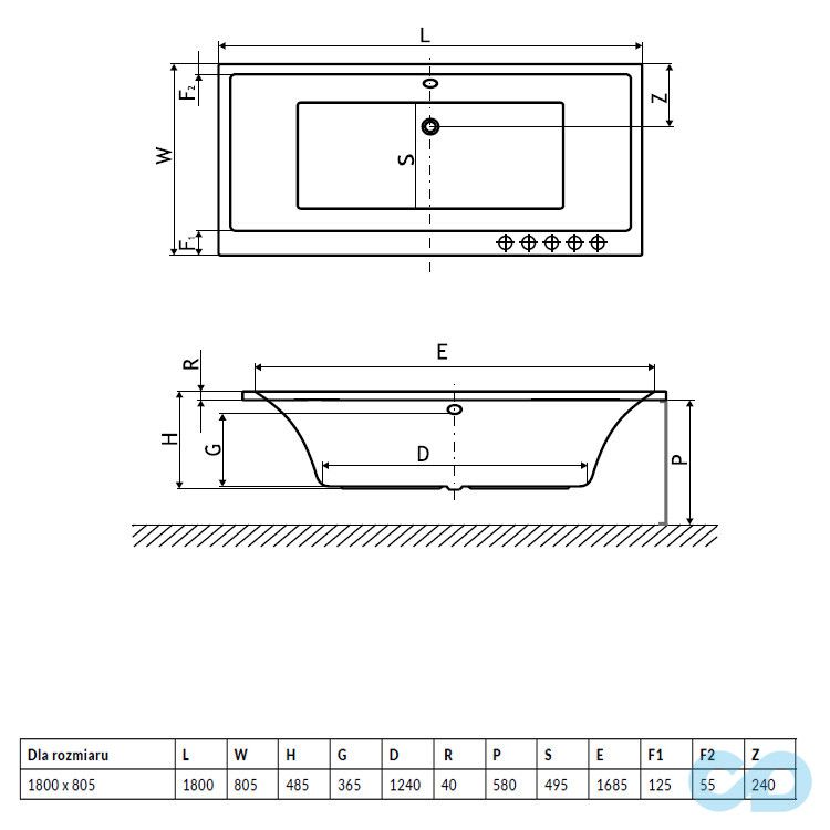 креслення Ванна акрилова 180 × 80 Aridea Lux WA1-25-180 × 080U
