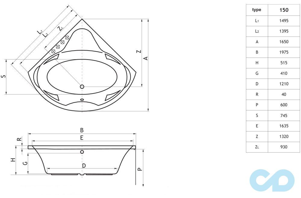 размеры ванна акриловая radaway keria 150×150 wa1-37-150x150u