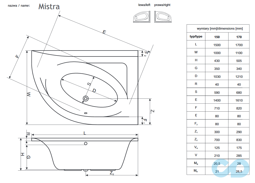 креслення Ванна акрилова Radaway Mistra 170x110 права WA1-07-170x110P