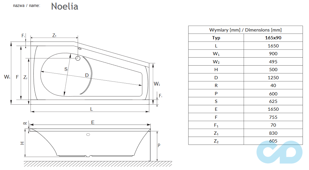 креслення Ванна акрилова Radaway Noelia 165x90 ліва WA1-49-165x090L
