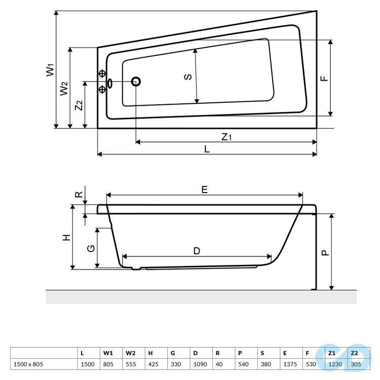 креслення Ванна акрилова Radaway Evia 150 × 80 ліва WA1-44-150 × 080L
