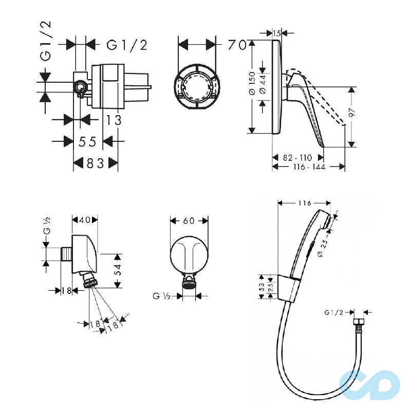 чертеж Набор гигиенического душа Hansgrohe Novus 71068112