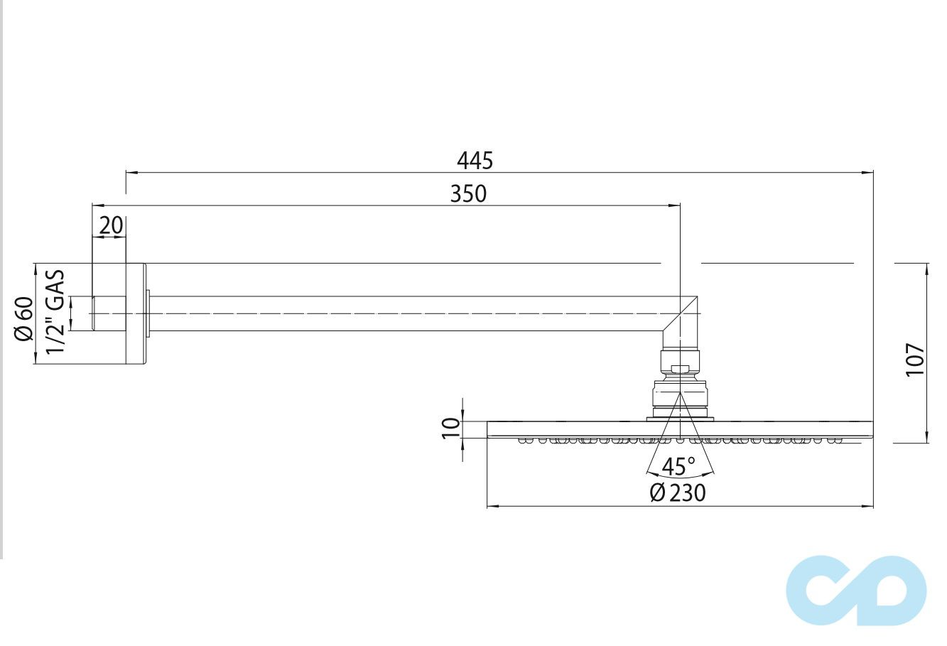 креслення Верхній душ Bossini Cosmo 230 mm H70595H Mat Black