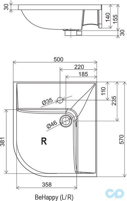 креслення Раковина Ravak BeHappy права XJAP1100000