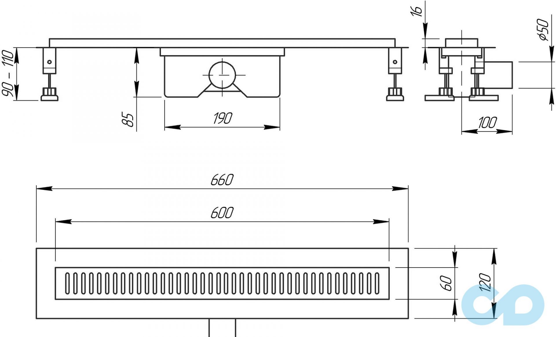 розмір душової канал q-tap 16061 з гратами 60 см