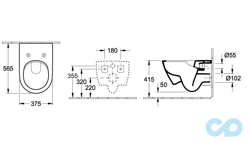 креслення Унітаз підвісний Villeroy & Boch Subway 2.0 Direct Flush з покриттям Ceramic Plus 5614R2R1