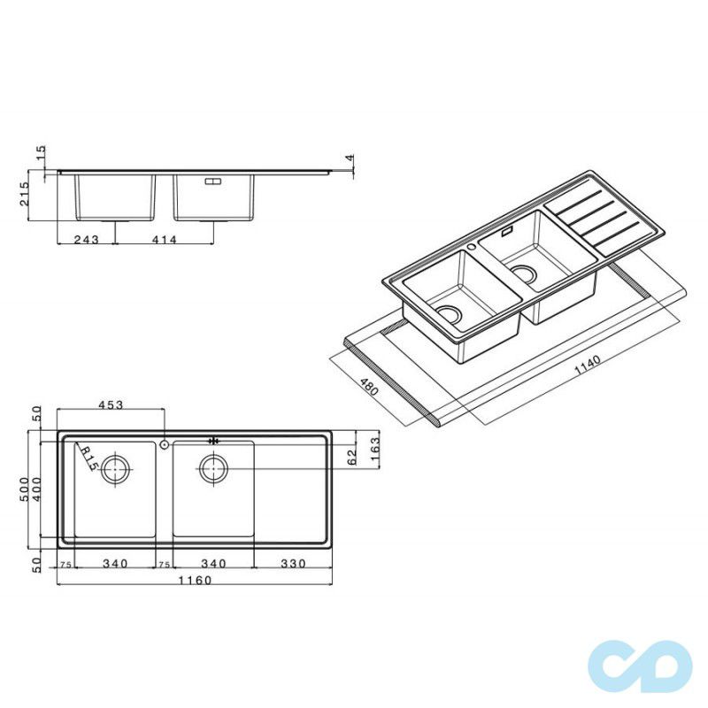 размер кухонная мойка apell linear plus 1160 х 500 мм lnp1162frbc правая