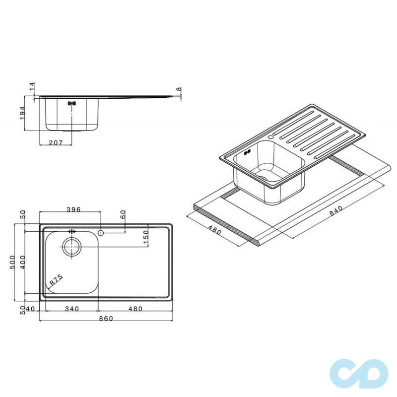 размеры кухонная мойка apell torino 790 х 500 мм to861irbc правая
