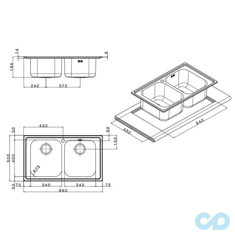 розміри кухонна мийка apell torino 860 х 500 мм to862ibc