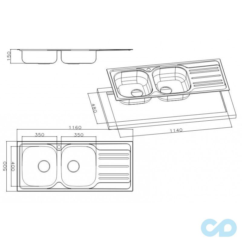 розміри кухонна мийка apell oceano 1160 х 500 мм oh1162Irpc права