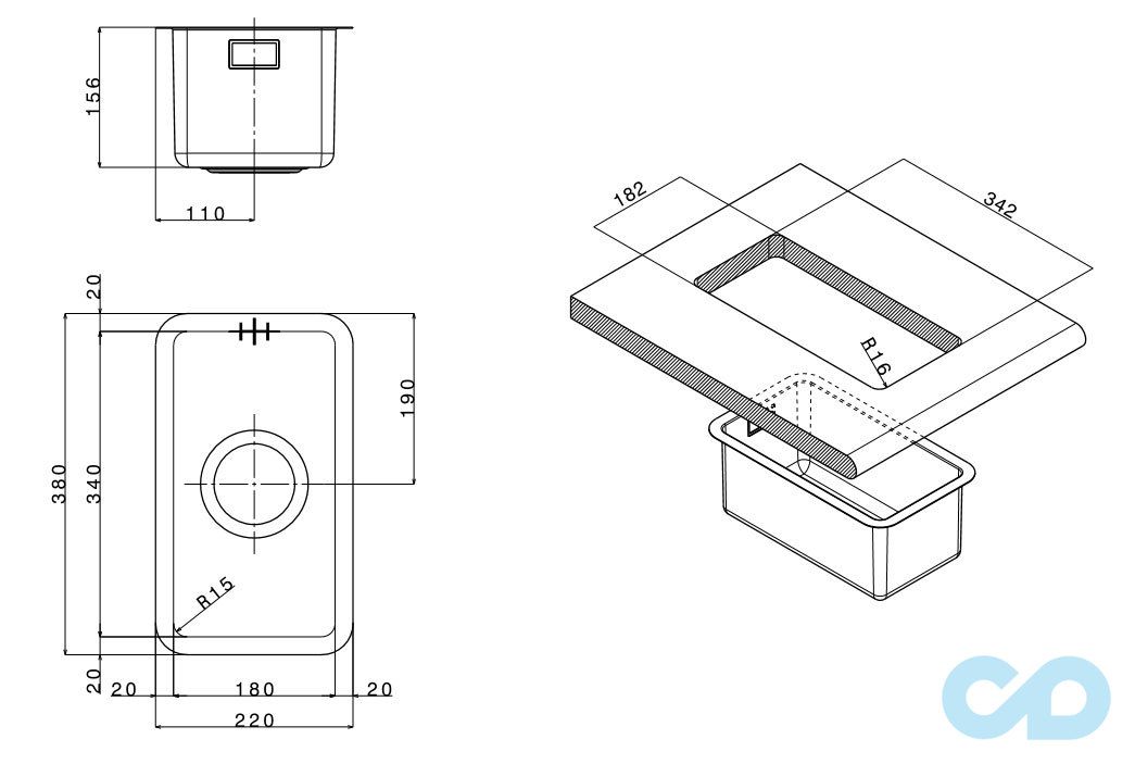 розмір кухонна мийка apell ferrara plus 220 х 380 мм fem18ubc розміри