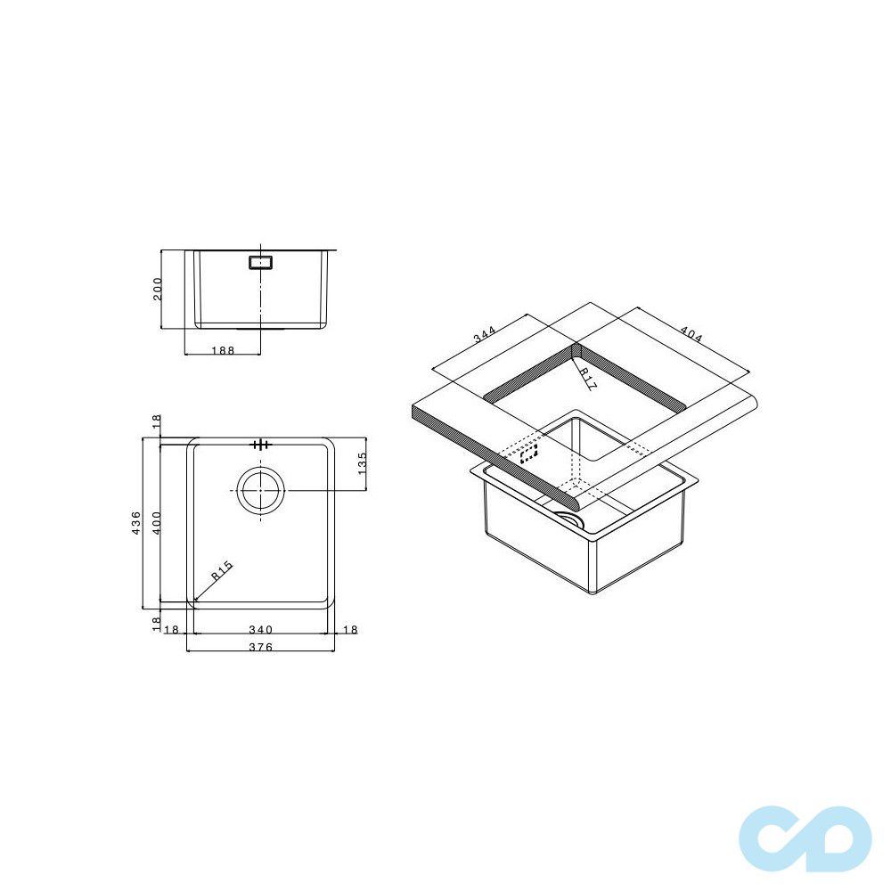 розміри кухонна мийка apell ferrara plus 376 х 436 мм fem34ubc
