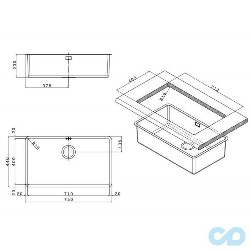 размеры кухонная мойка apell ferrara plus 750 х 440 мм fem71ubc