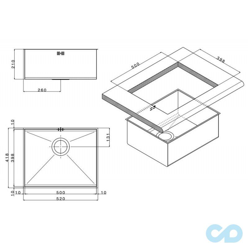 размеры кухонная мойка apell ferrara zero 520 х 418 мм feq50usc