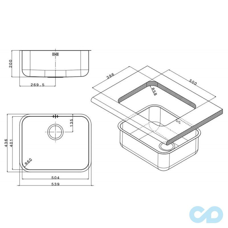 розмір кухонна мийка apell ferrara 539 х 436 мм FE500UBC