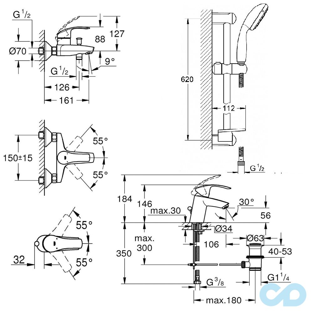 креслення Набір змішувачів для ванни Grohe Eurosmart 123238S