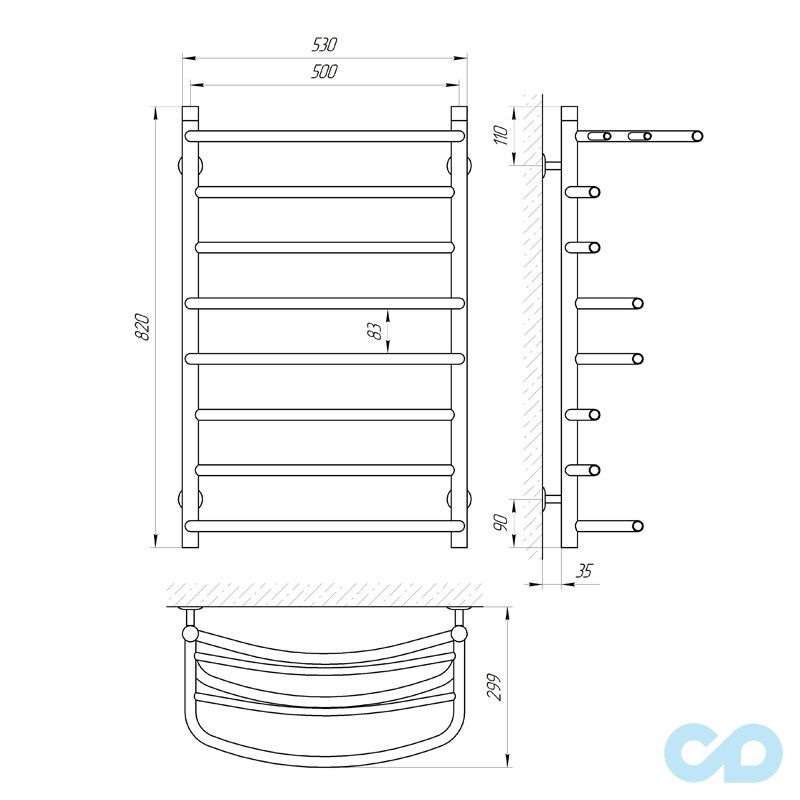 креслення Рушникосушка Laris Євромікс П8 500 х 800 з полицею 71207600