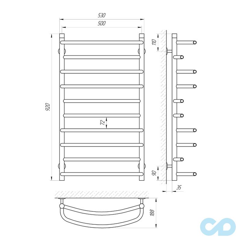 чертеж Полотенцесушитель Laris Евромикс П10 500 х 900 71207149