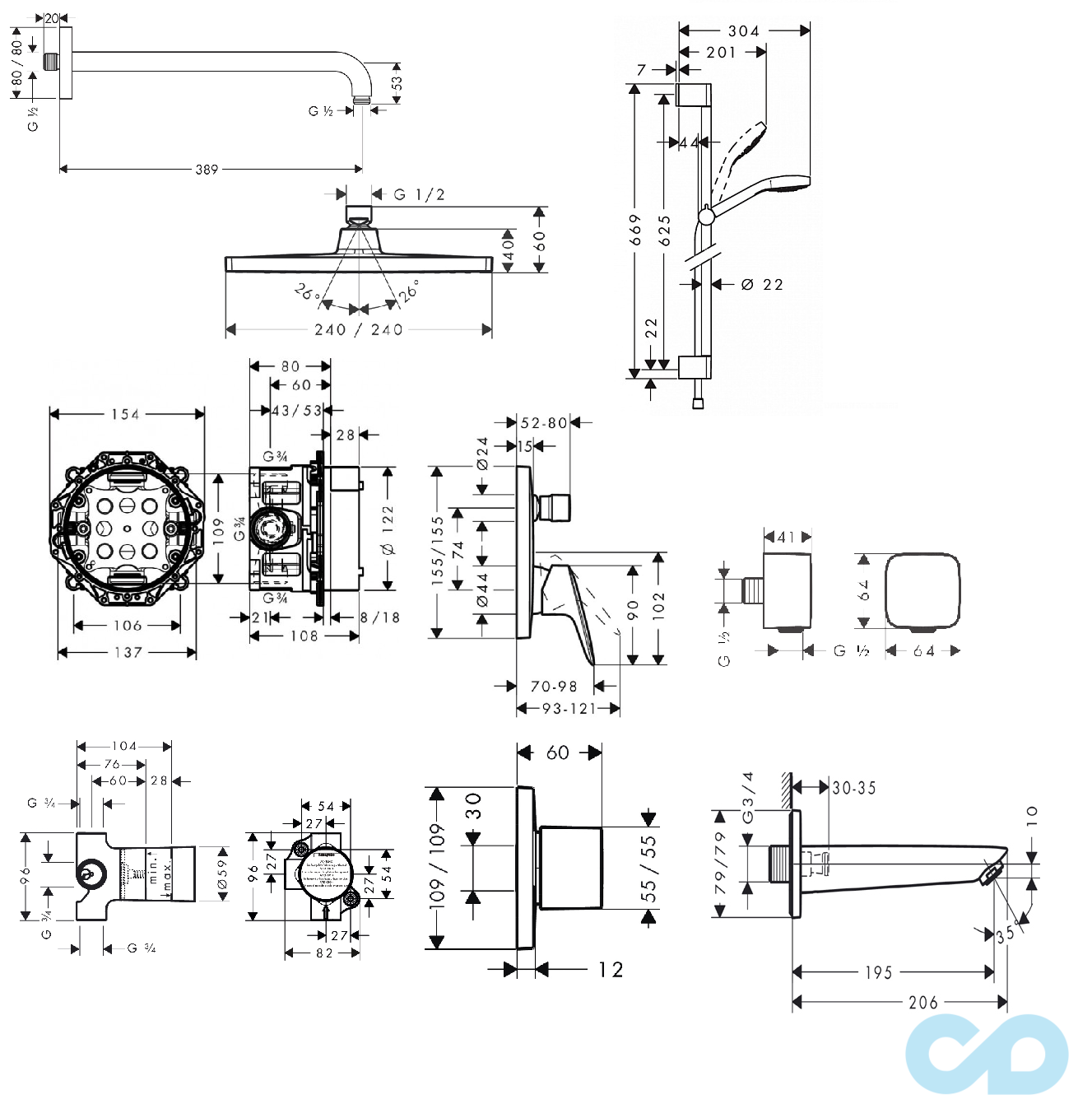 креслення Душова система Hansgrohe Logis 71405003