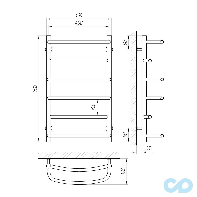 креслення Полотенцесушитель Laris Еврофлеш П6 400 х 700 74100013