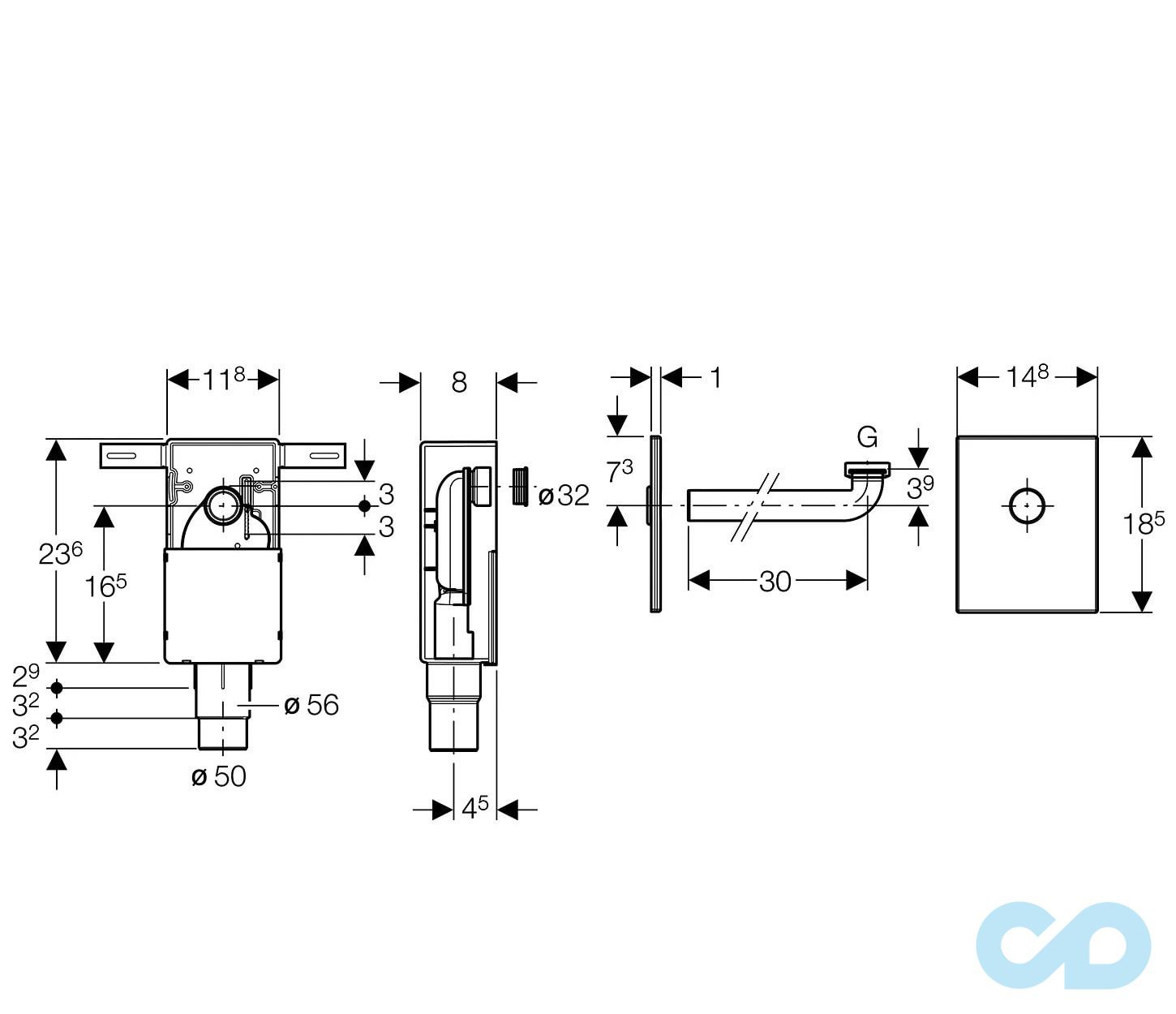креслення Сифон для раковини вбудовується Geberit 151.120.21.1