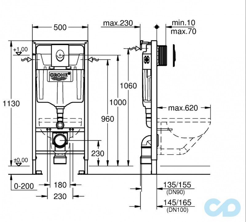 креслення Інсталяція для унітазу Grohe Rapid SL 38539001 + клавіша змиву Grohe 38505000