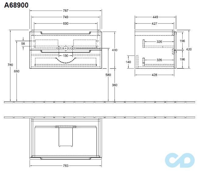 креслення Тумба з умивальником Villeroy & Boch Subway 2.0 A68900DH