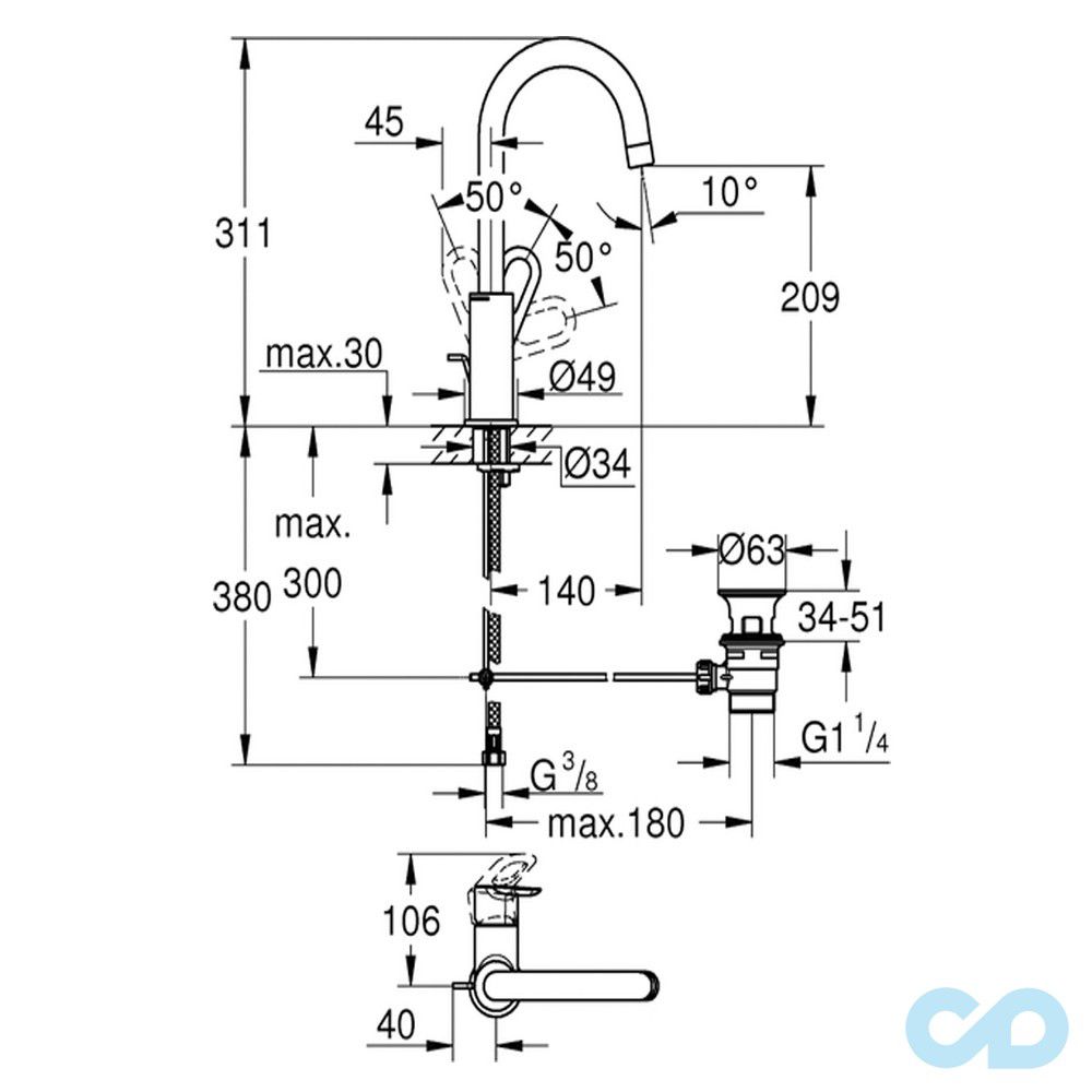 размер смеситель для раковины grohe bauloop 23763000