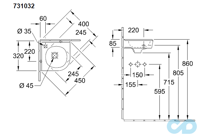 креслення Міні-раковина Villeroy & Boch O.novo 73103201