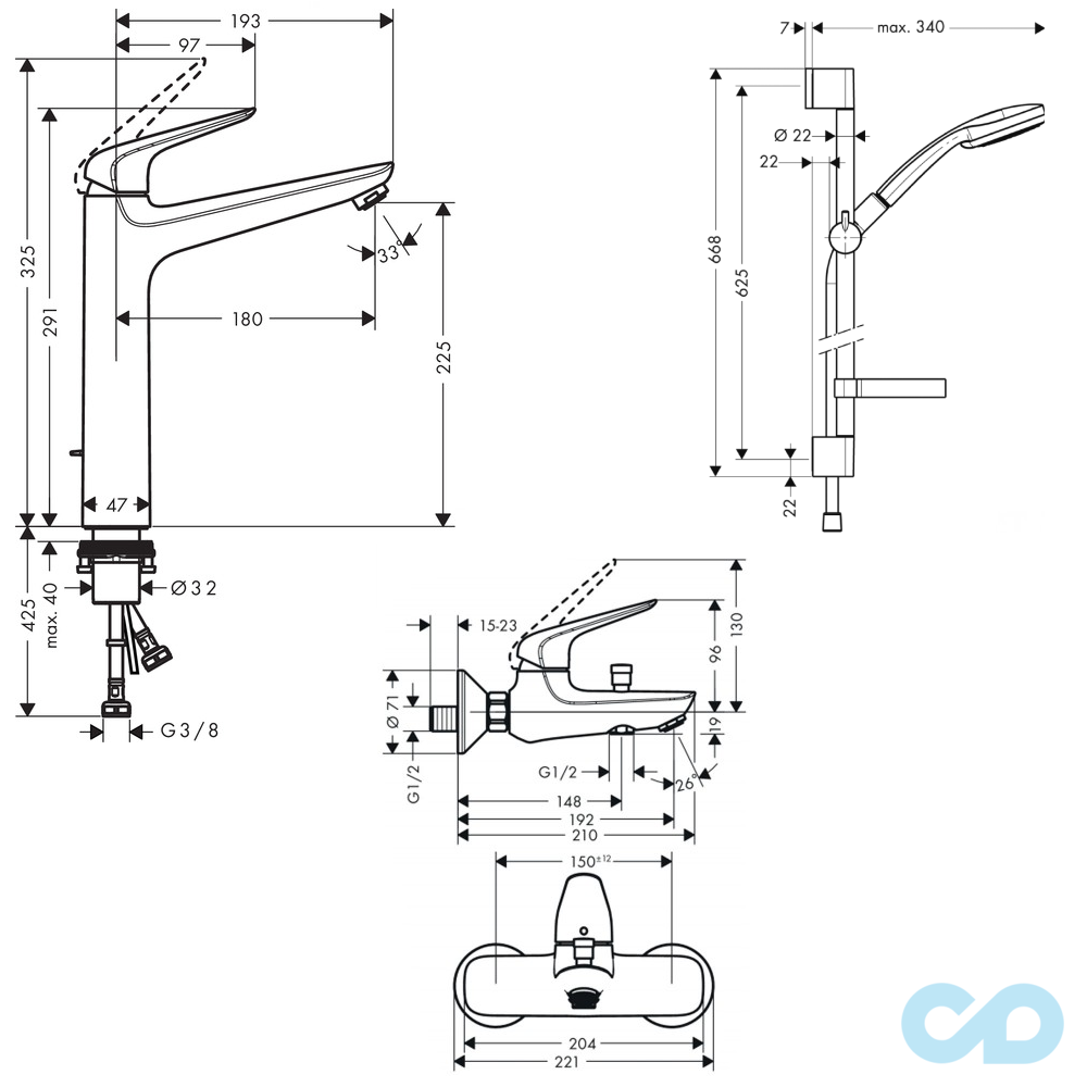 креслення Набір змішувачів для ванни Hansgrohe Novus 34711230