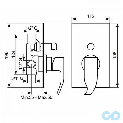 креслення Змішувач для ванни вбудовується Emmevi Niagara BIO 74019