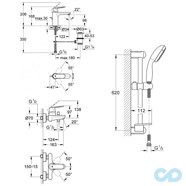 креслення Набір змішувачів для ванни Grohe Eurosmart Cosmopolitan 126112M