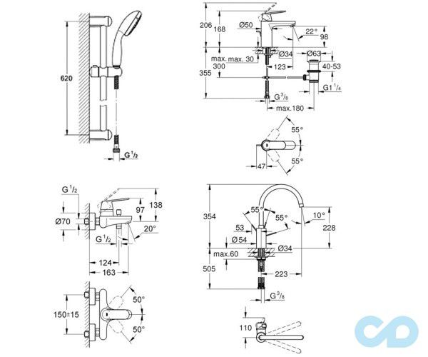 креслення Набір змішувачів Grohe Eurosmart Cosmopolitan 126115MK